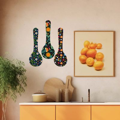 Floral Theme Wooden Spoon Wall Hanging Decor Set of 3  Flower Print MDF Wall Art for Kitchen, Dining Room, and Living Room Decoration